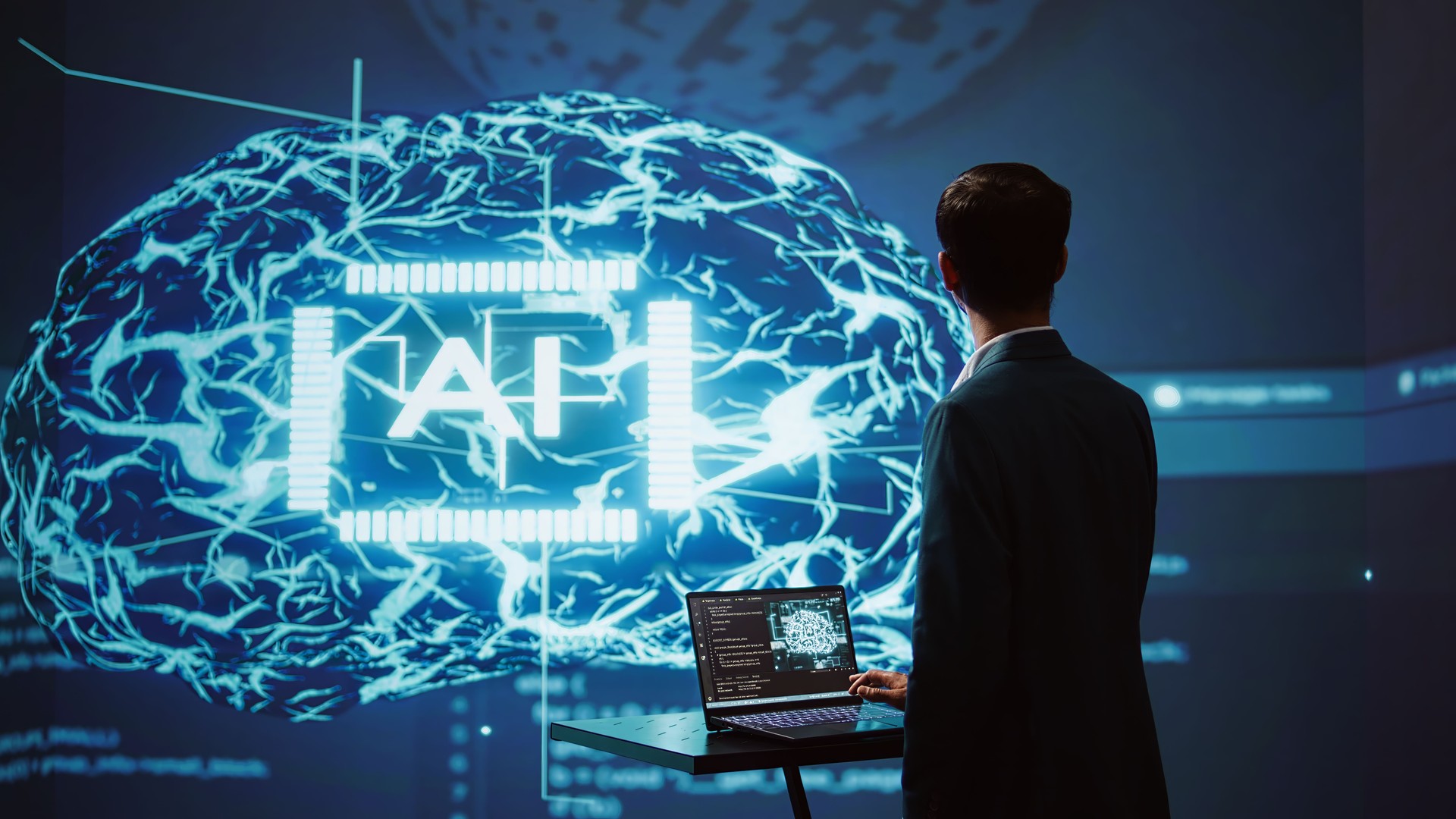 AI researcher in futuristic workspace using artificial intelligence AI researcher in futuristic workspace using artificial intelligence