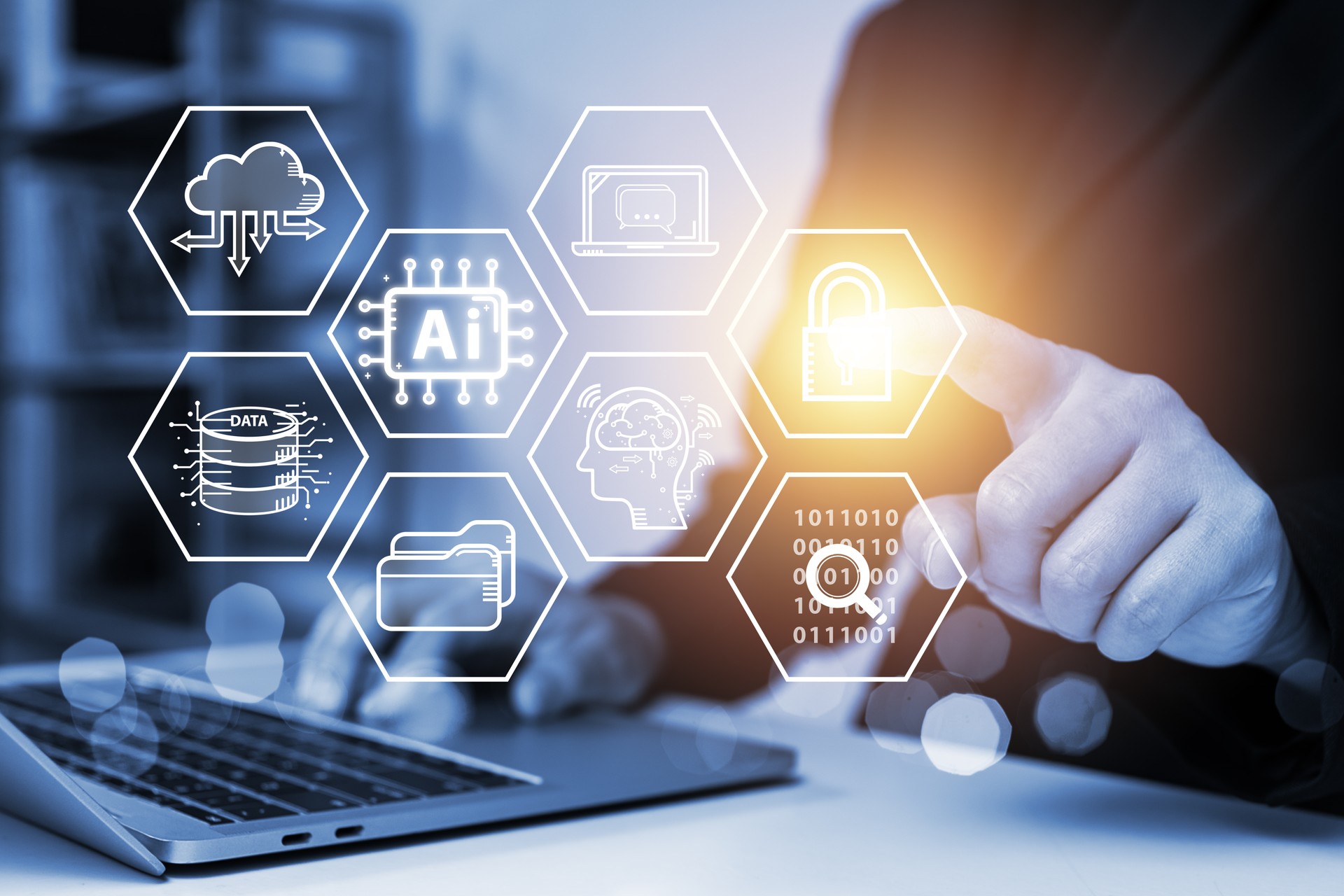 Businessman touching virtual graphics with AI technology concept, connecting smart robot AI, enter command prompt for generate ideas, futuristic technology transformation, cyber security. Businessman touching virtual graphics with AI technology concept, connecting smart robot AI, enter command prompt for generate ideas, futuristic technology transformation, cyber security.